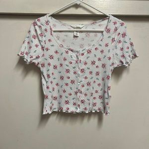 H&M Button Front Ribbed White Pink Rose Floral Top